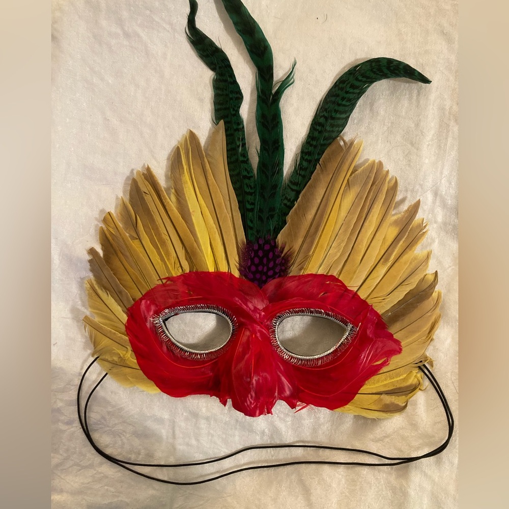 COPY - NWT  Feather Mask Mardi Gras Masquerade, COSTUME Party Mask YELLOW & RED
